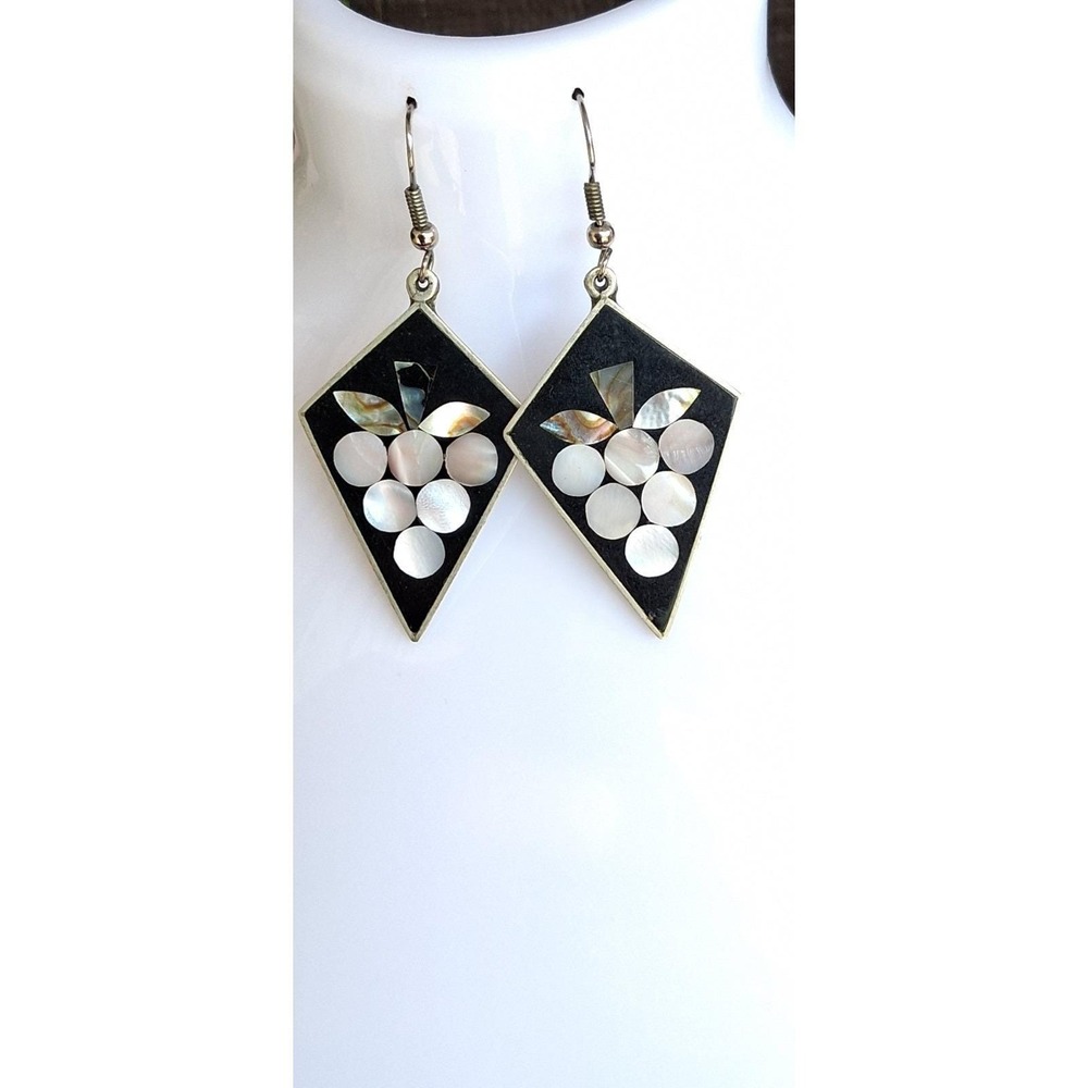 Vintage Mexican Alpaca Silver dangle earrings featuring a grape bunch motif.